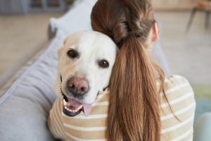 dog and owner hugging 